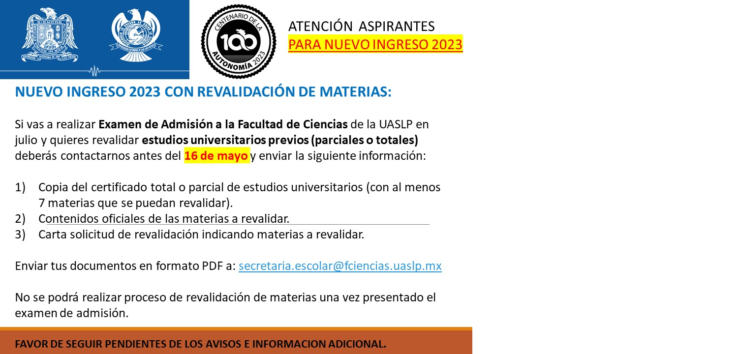 Nuevo ingreso 2023 con revalidación de materias